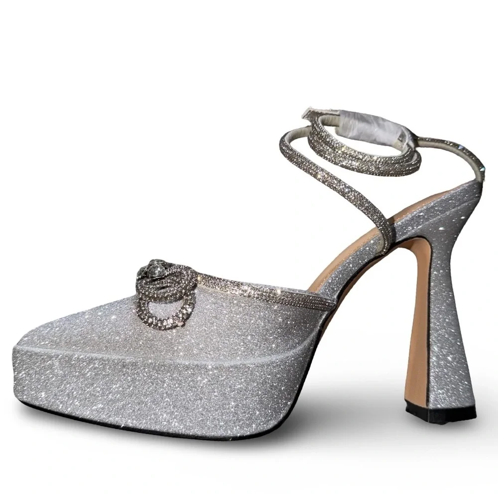 Silver Glitter Double Bow Platform Pumps Ankle Strap Heels 5.5 Wedding